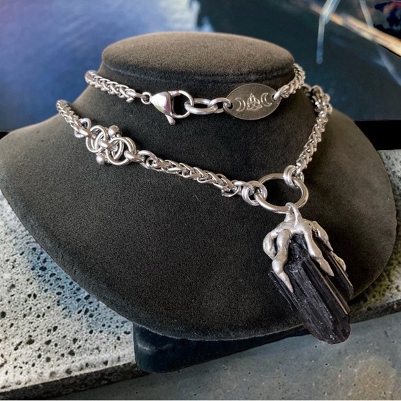 Black raw natural tourmaline gemstone electroplated charm steel boho necklace - Picture 4 of 16